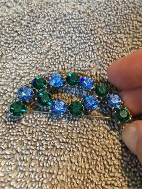 Vintage Blue and Green Crystal Curve Brooch